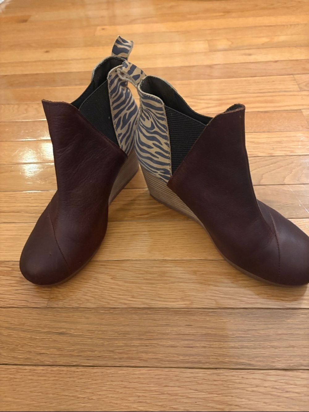 Toms Brown Leather Wedge Booties with Zebra Pull Tab